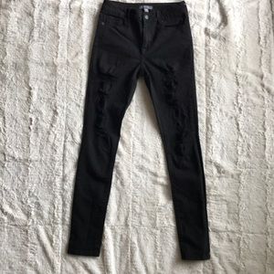 super high rise black destroyed jeans